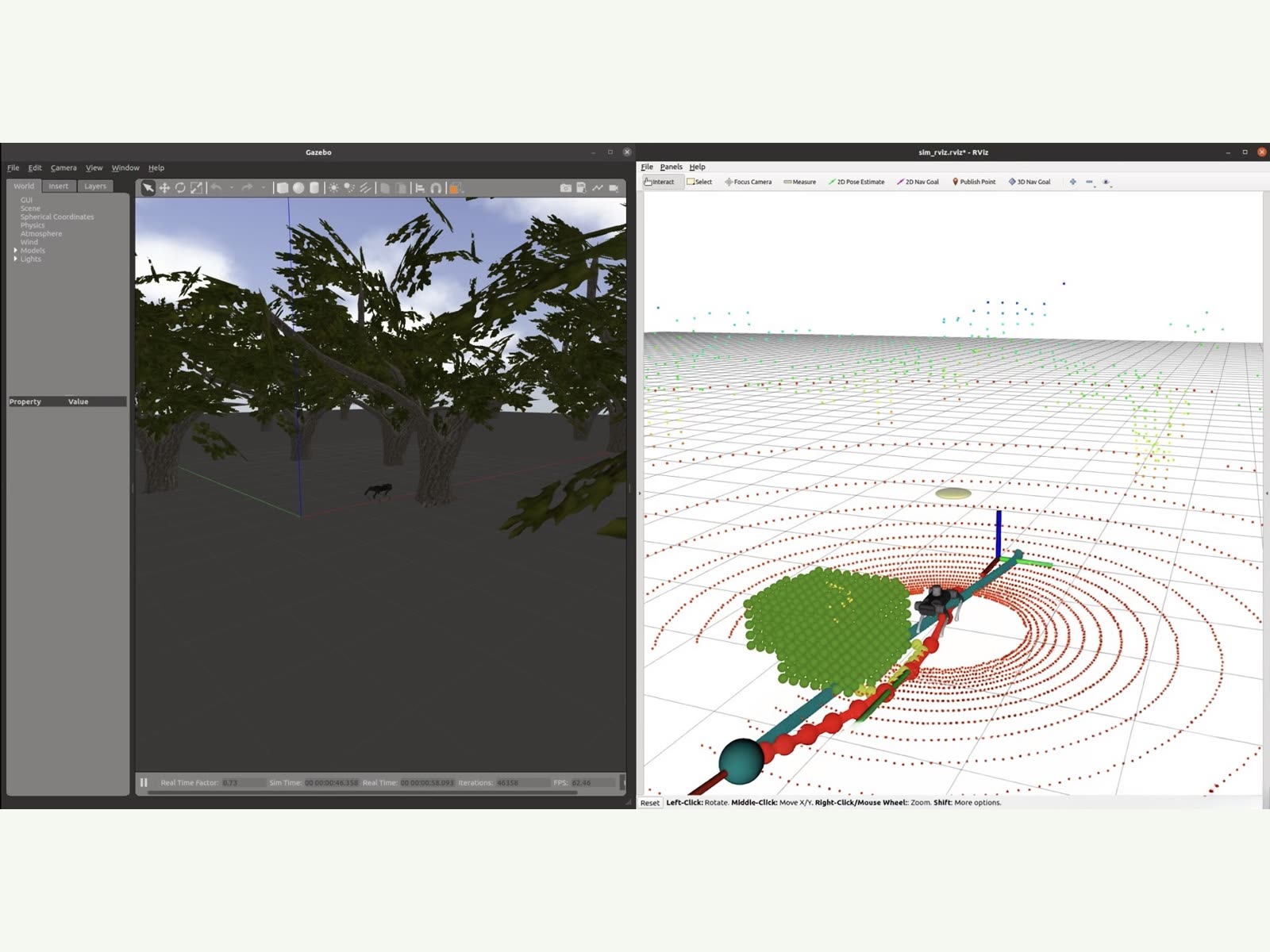 Gazebo and RViz simulation screenshot for UAV autonomy