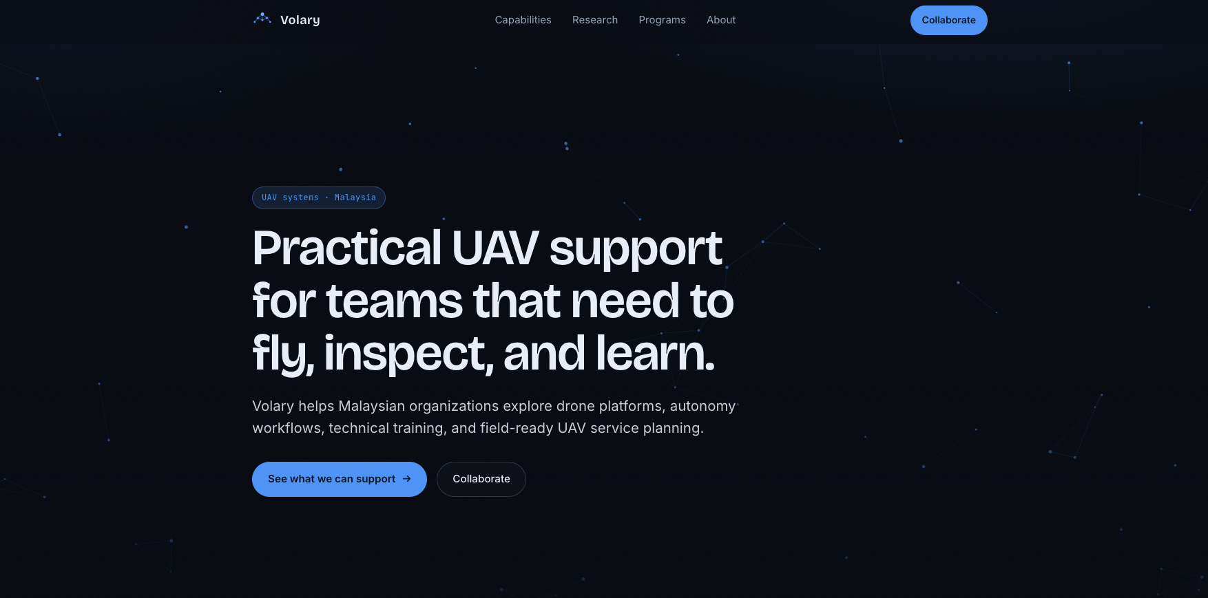 Volary brand website homepage screenshot